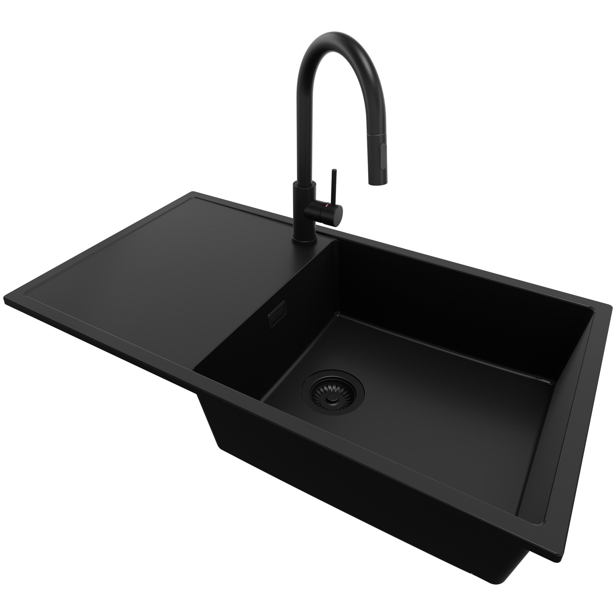 Zlewozmywak Granitowy Cały Czarny 90x50cm, Zlew Kuchenny 1 Komorowy + Bateria 40x20cm + Syfon, Nablatowy do szafki od 60cm - Ibiza PRIMAGRAN