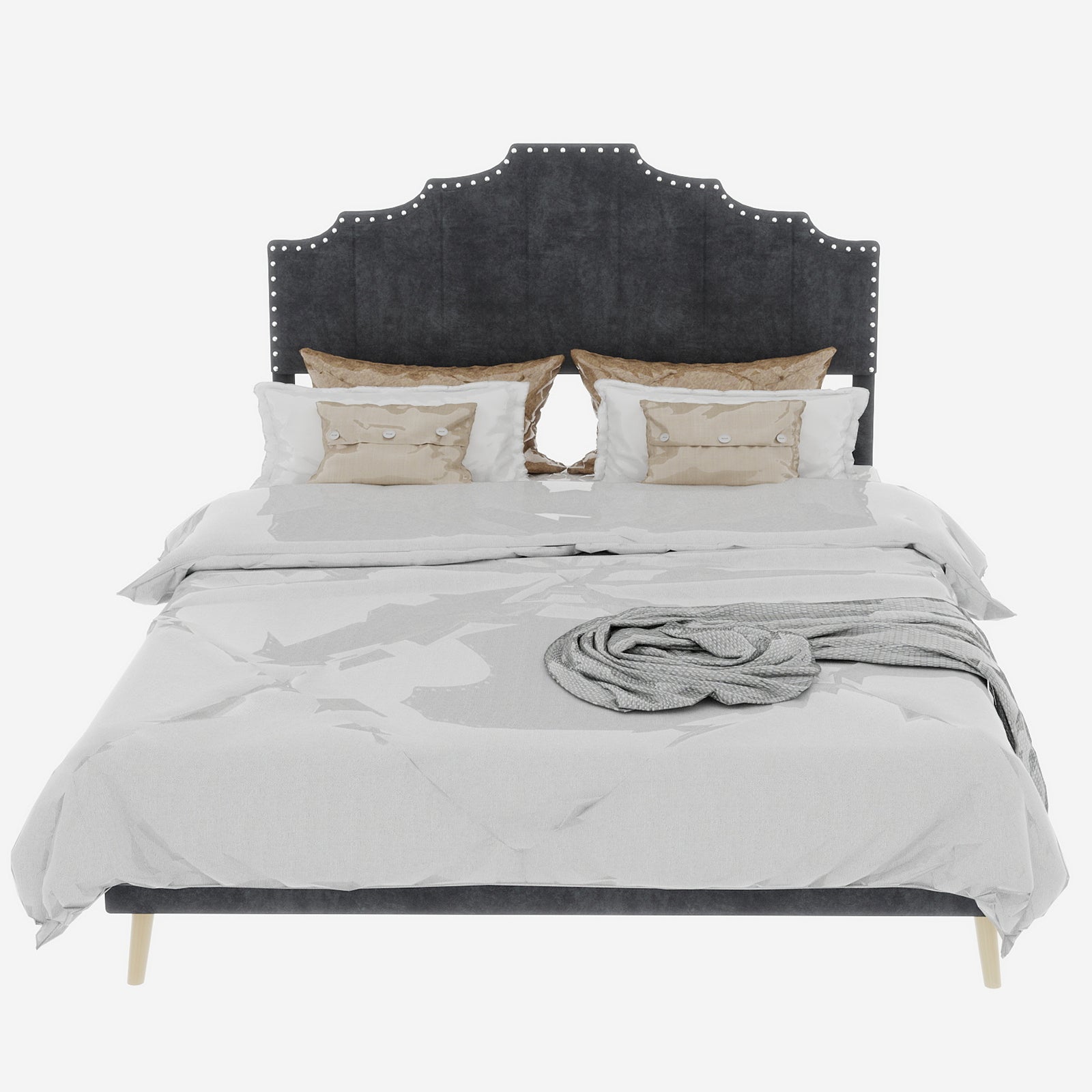 Letto matrimoniale 140x200 cm, con testiera, doghe in legno, grigio metallo, senza materasso - 6