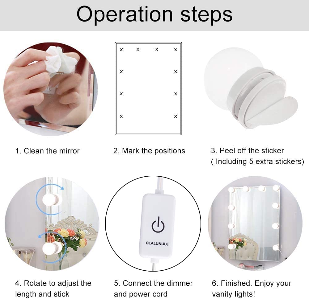 Lampe de vanité LED, lampe de maquillage Hollywood pour vanité avec 10 ampoules à intensité variable, luminaires de vanité avec 3 Modes de couleur - 6