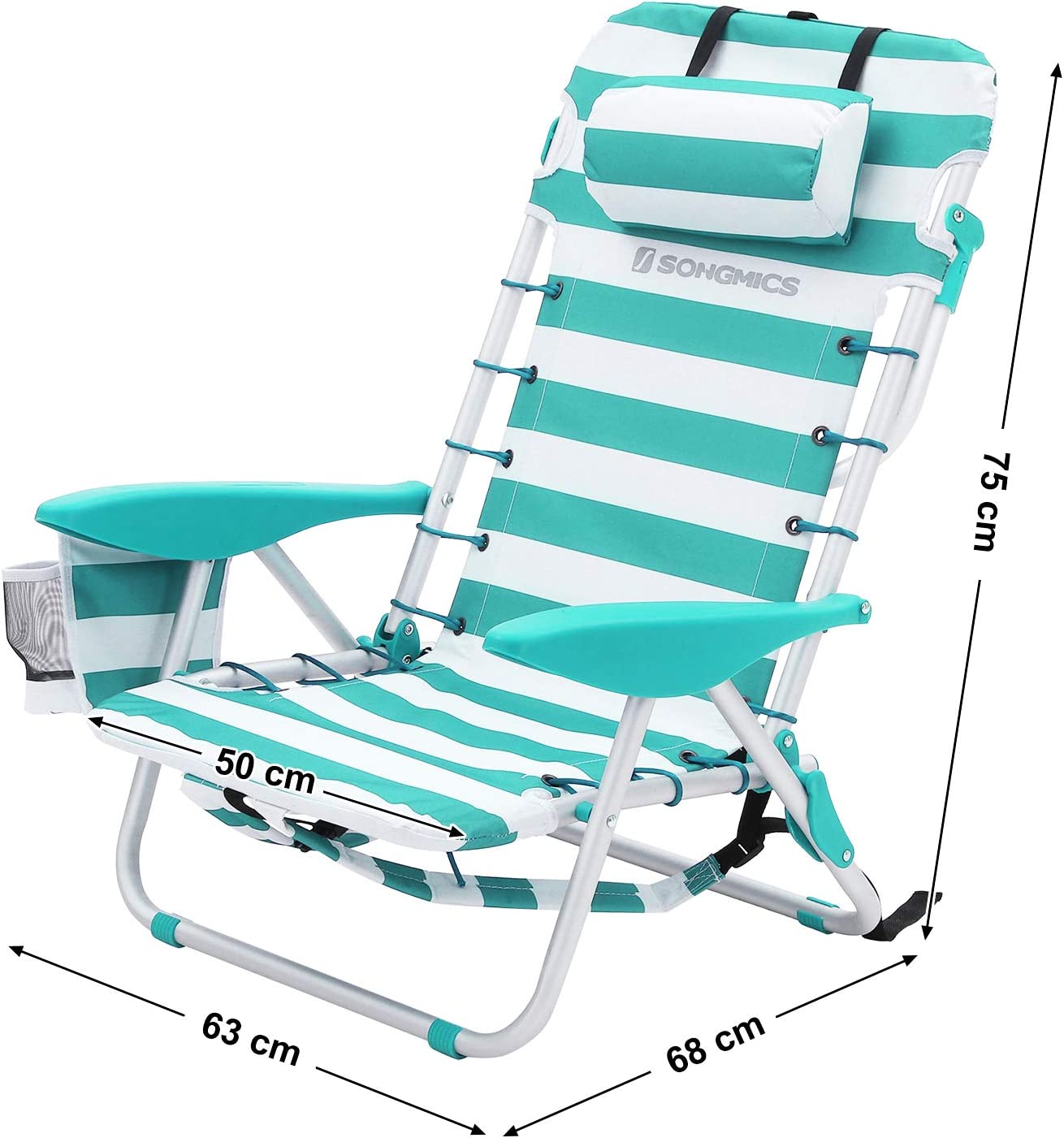 Chaise de Plage Portable,Pliable, Dossier Inclinable jusqu'à 180°, Rayures Vertes et Blanches - 5