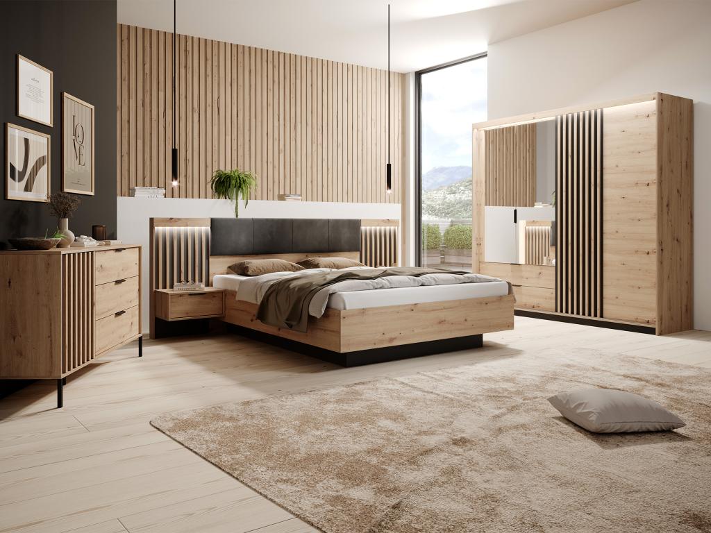 Chambre Adulte Complète Atlas Homewares - Lit + Sommier + Penderie + Commode En Aulne