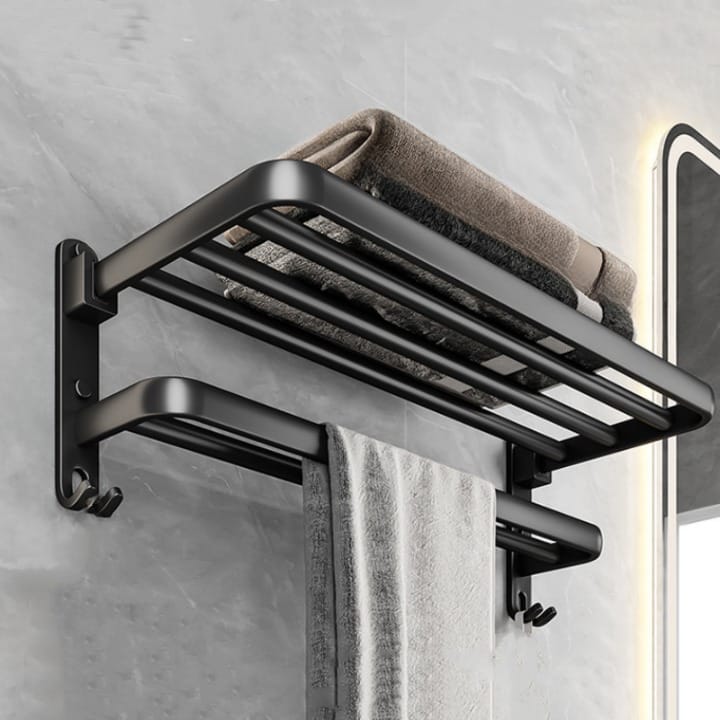 Zestaw do przechowywania w łazience – czarny aluminiowy wieszak na ręczniki – nie wymaga wiercenia – elegancki i praktyczny, 50 cm