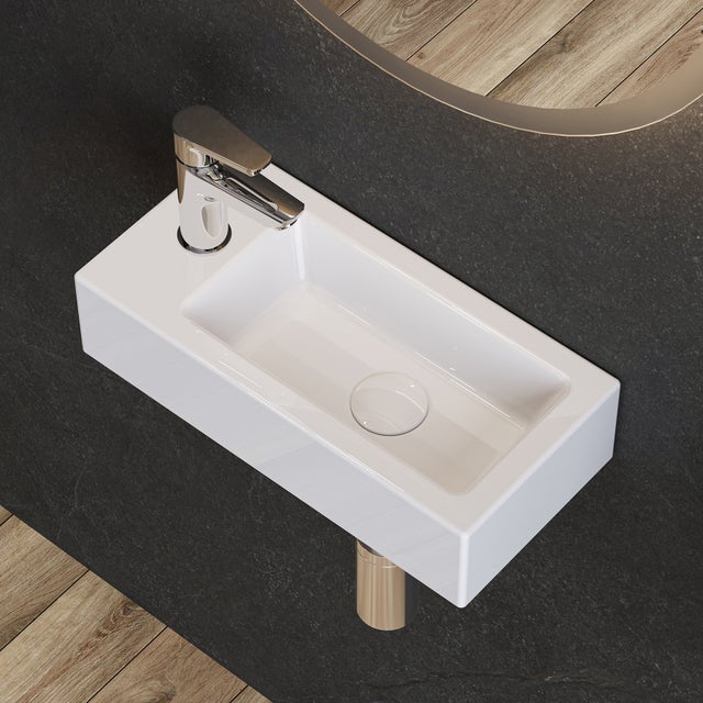 HOROW Lavabo piccolo, lavabo per WC ospiti, lavabo sospeso per bagno, mini lavabo in ceramica, Senza valvola di scarico a scomparsa, 37 x 18,5 x 9 cm