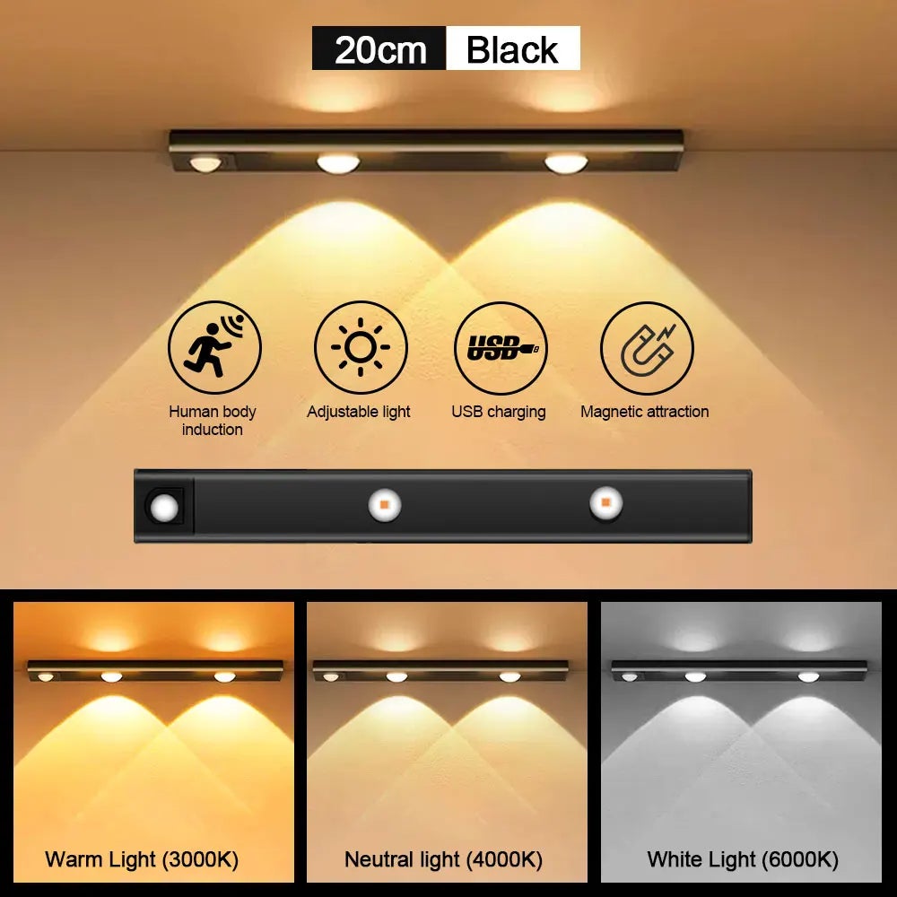 Sensor De Movimiento De Luces Para Debajo Del Gabinete: 66 Luces LED Para Armario, Contador Magnético Inalámbrico Para Cocina, 1000 MAh, USB, Recargable, LED, Armario, Escaleras, Pasillo, Interior
