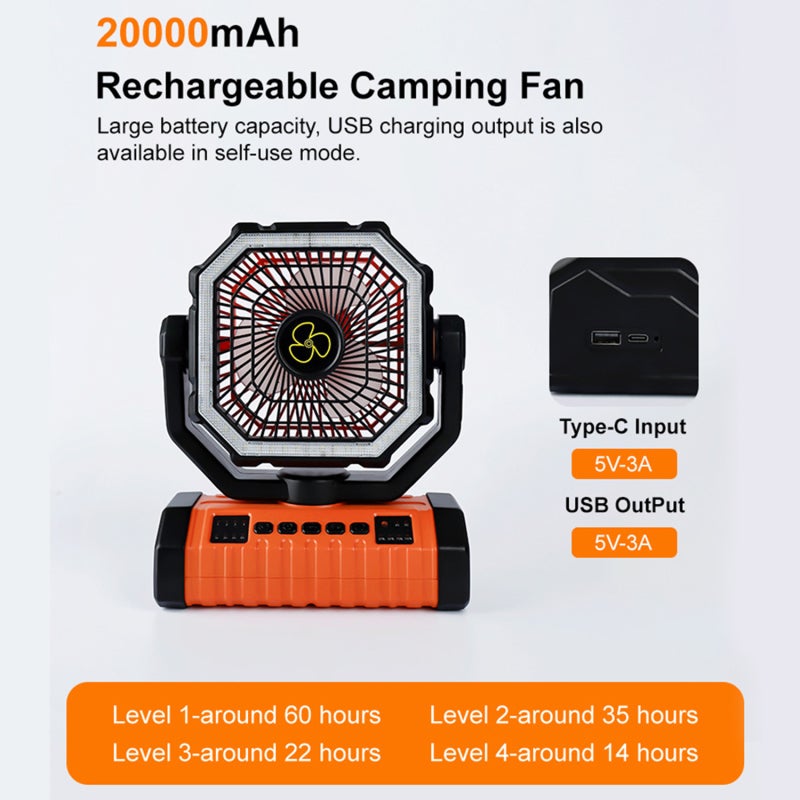 Ventilateur de camping rechargeable avec lanterne LED, télécommande, oscillation (suspendu, batterie longue durée) - 3
