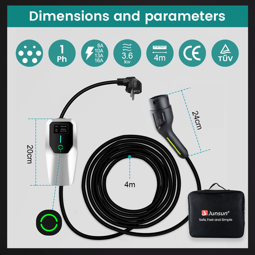 HEXINEX Carregador para Carros Elétricos 3.68 kW 16A Monofásico Type 2 - Cabo 4 m com Tomada Schuko, IEC62196 e IP67 - 8