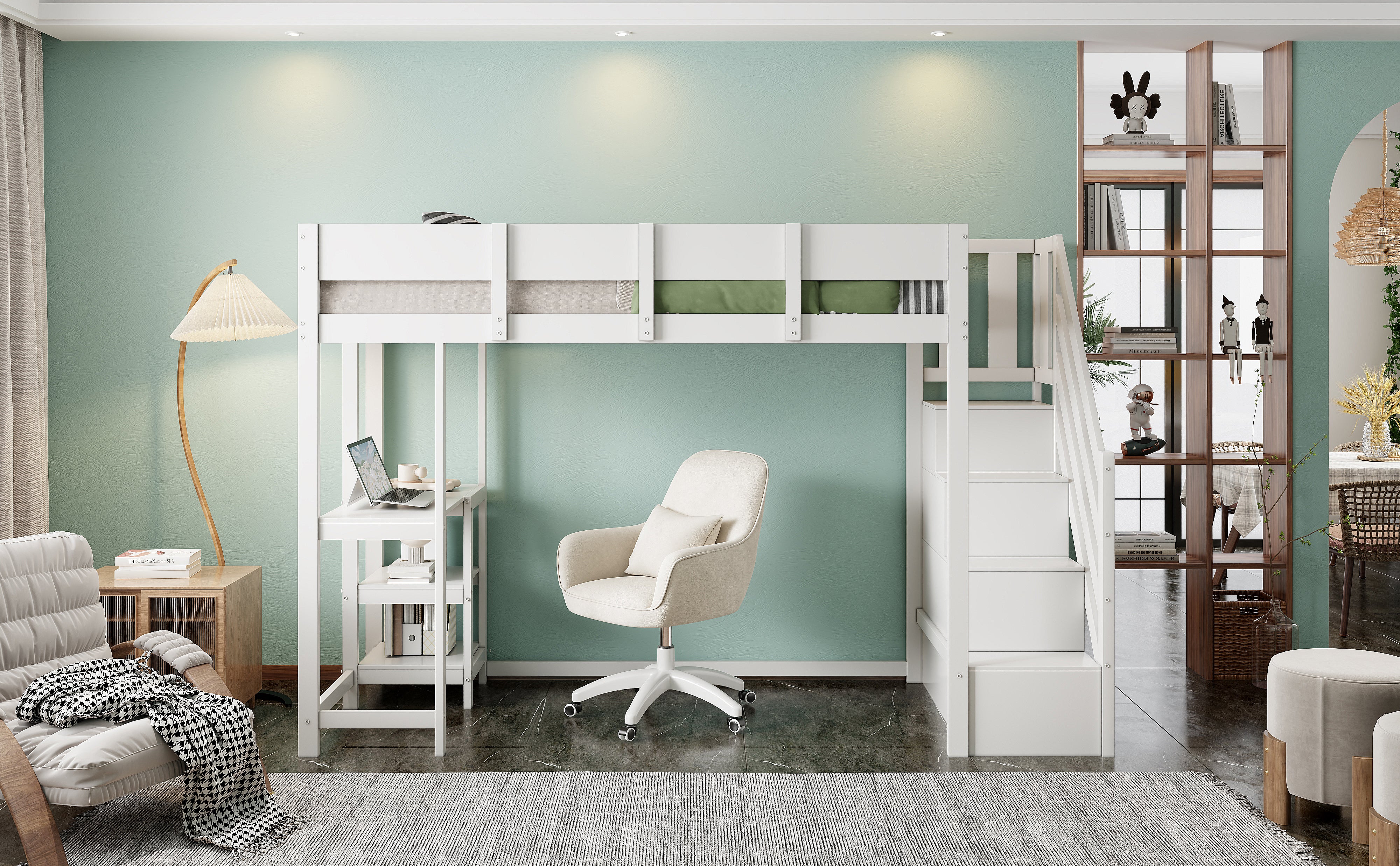 Letto a castello con contenitore, letto a soppalco con ripiano 90 x 200 cm, struttura del letto in legno massello di pino con rete a doghe, bianco - 4