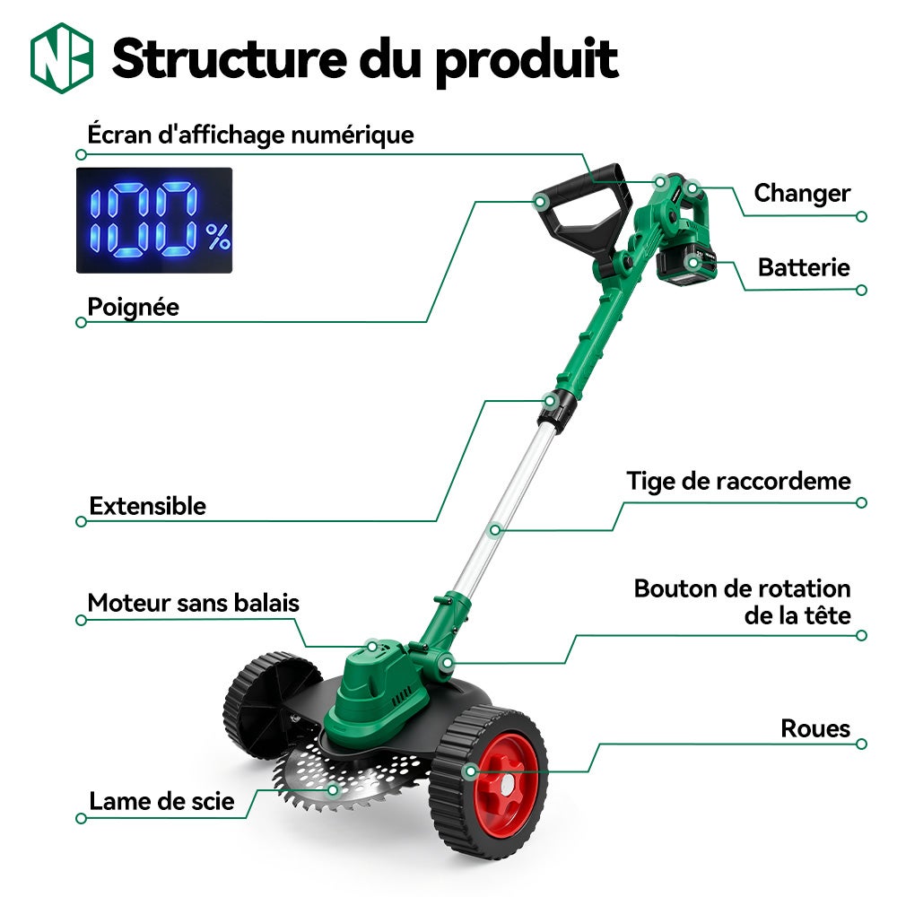 NewBeny Coupe-bordure à batterie ,21V,L27 cm,Manche télescopique 130 cm,2 batterie 4.0Ah - 2