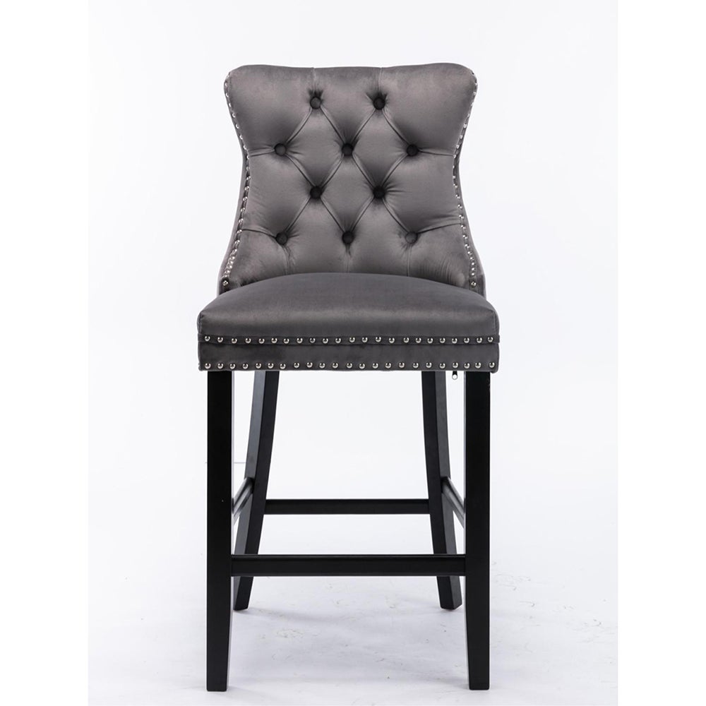 Ensemble de tabourets de bar avec détails rivetés et pieds en bois, garniture à clous chromés, velours, gris - 5