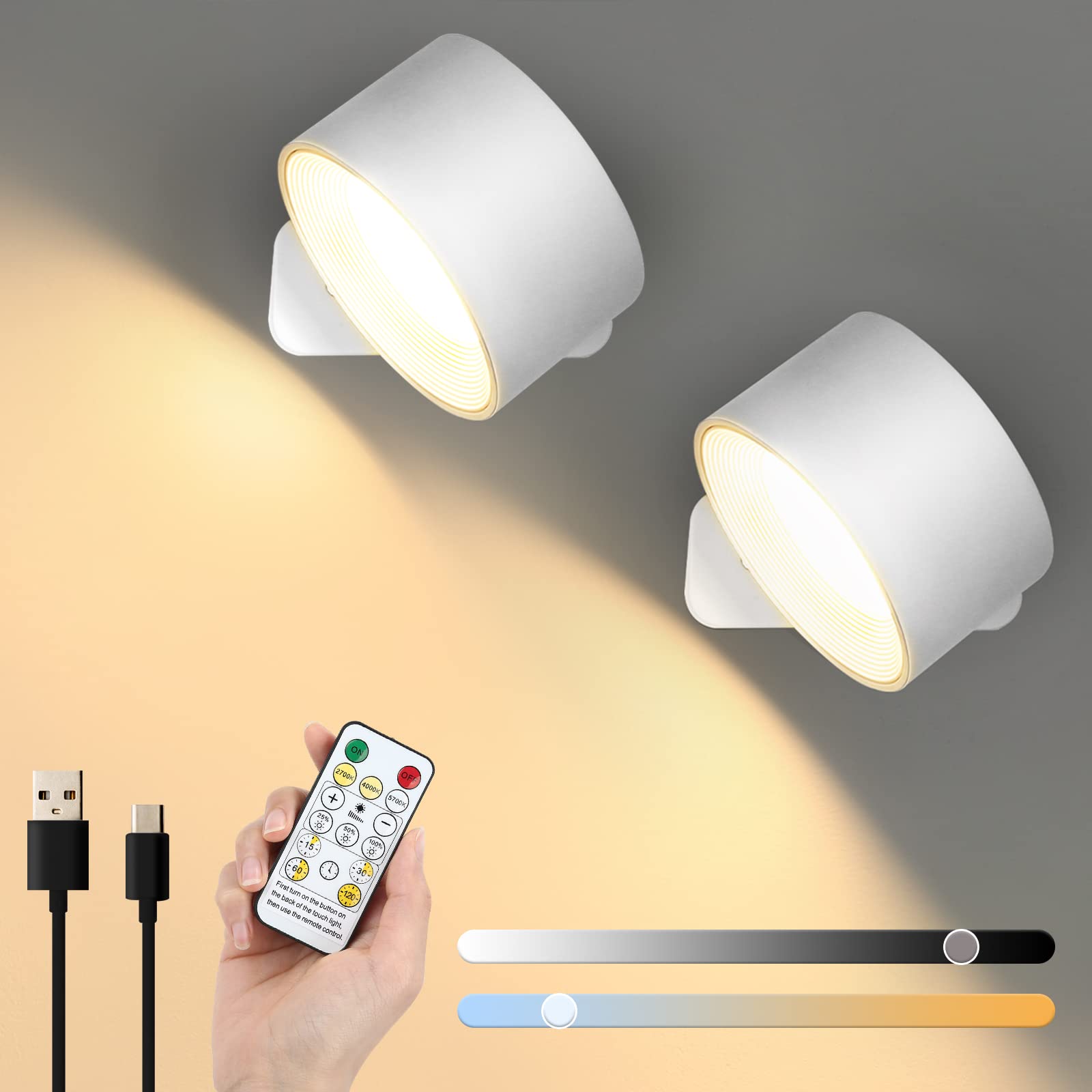 Lámpara De Pared Con Pilas Y Mando A Distancia, Pantallas De Tela Blanca, Lámpara Inalámbrica Regulable Para Dormitorio, Bombilla Incluida | Leroy Merlin