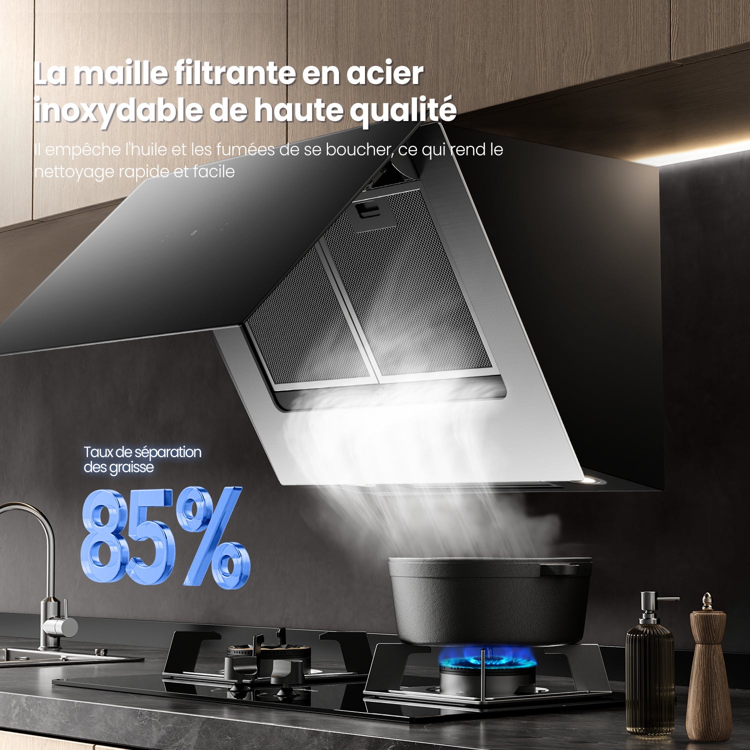 COMFEE Hotte Aspirante Inclinée 60cm - 800m³/h - Hotte de Cuisine - Classe A++ - Commandes Gestuelles - 4 vitesses - 2 Filtres à Charbon - Verre Noir - 7