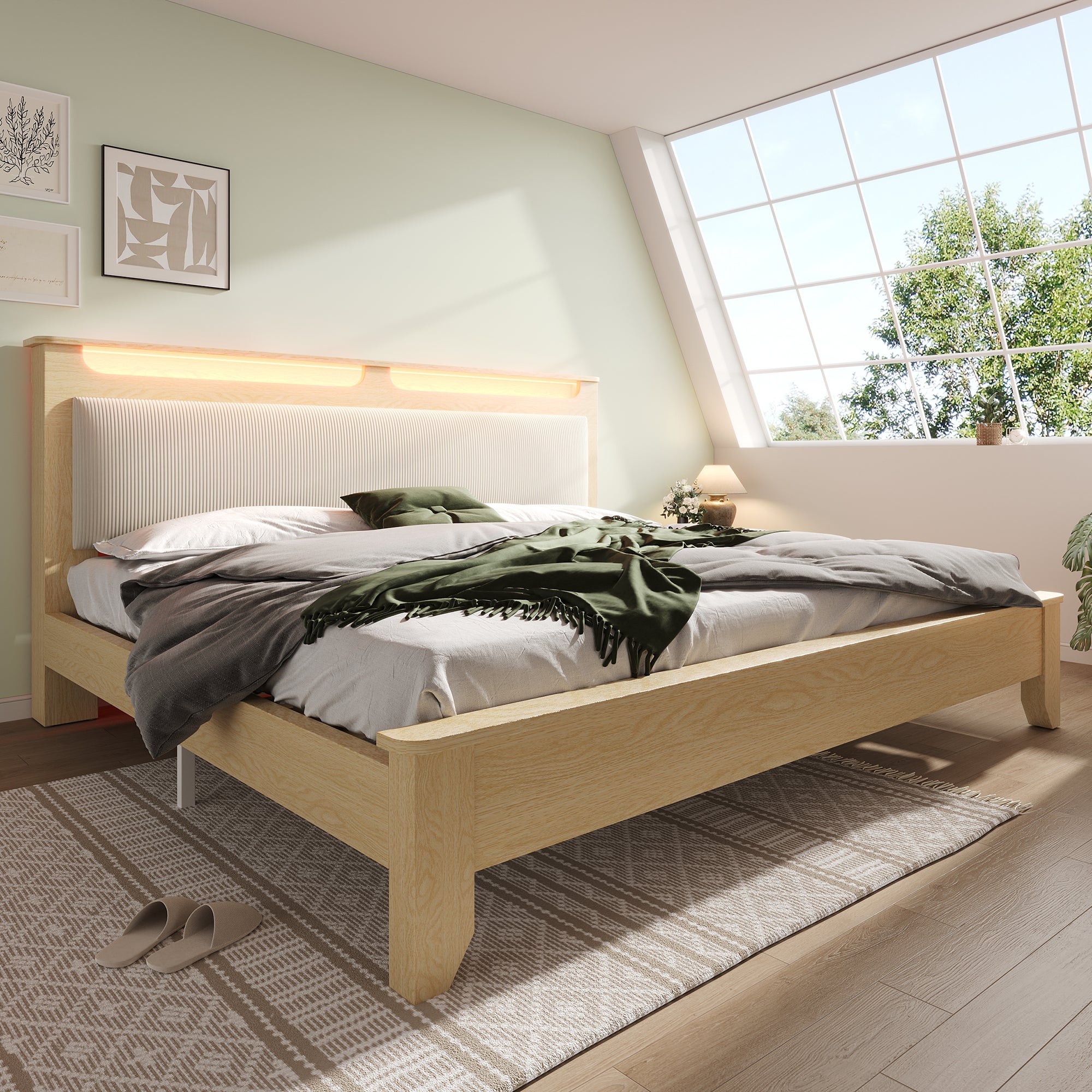 Łóżko małżeńskie 140 x 200 cm z zagłówkiem tapicerowanym beżowym sztruksem - LED-y - MDF + płyta wiórowa - jasny dąb (bez materaca)