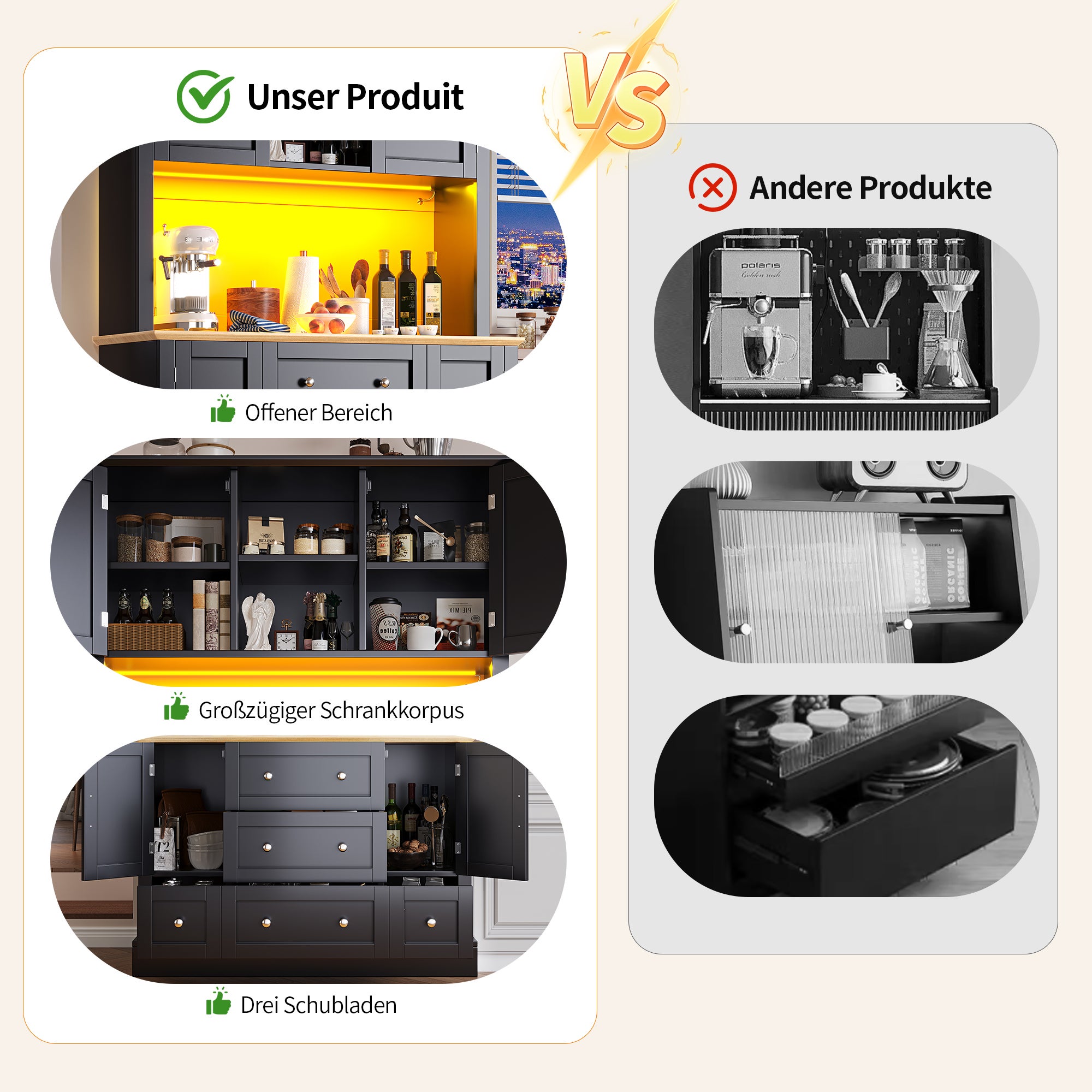 Buffet de cuisine avec 4 portes et 3 tiroirs - 115 x 40 x 180 cm - LEDs - MDF - Noir + naturel - 6