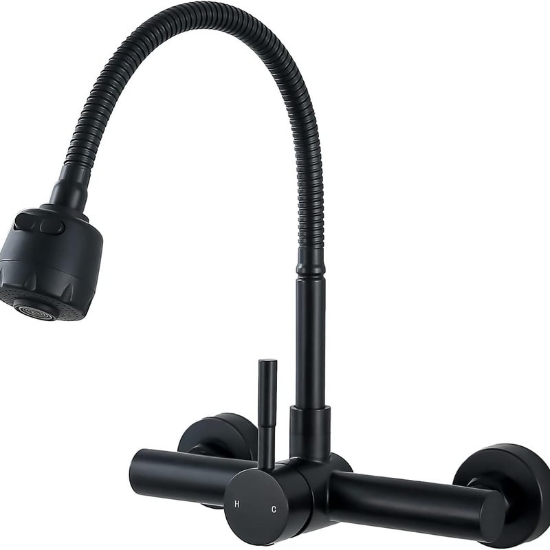 Bateria ścienna do zlewu kuchennego z wyciąganą wylewką, bateria mieszaczowa ze stali nierdzewnej, matowe wykończenie w kolorze czarnym