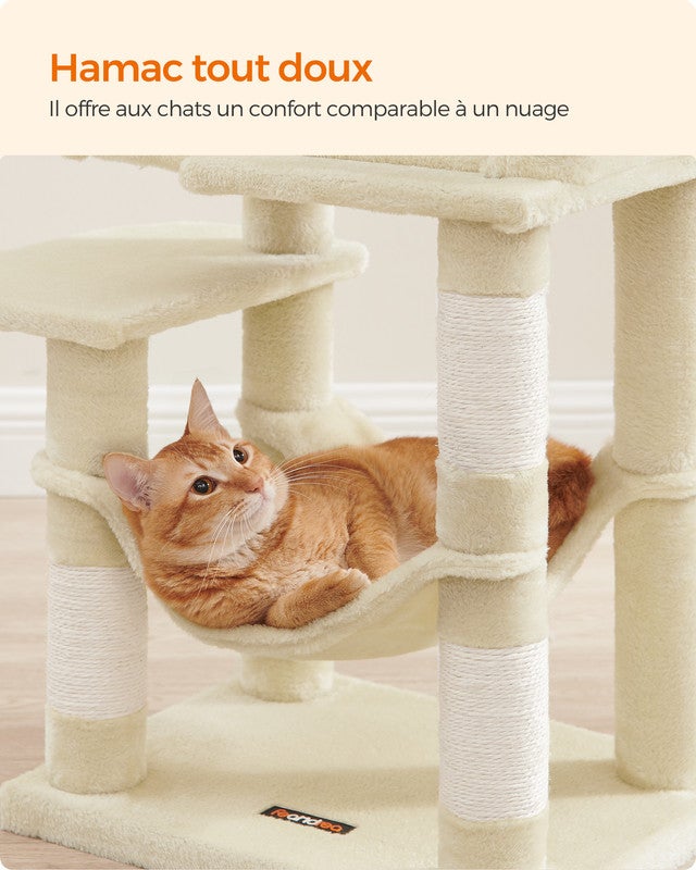 Arbre à Chat Hauteur 112 cm, avec 4 Poteaux à Griffer, 2 Plateformes, 1 Niche, 1 Hamac, 2 Pompons, Beige - 3