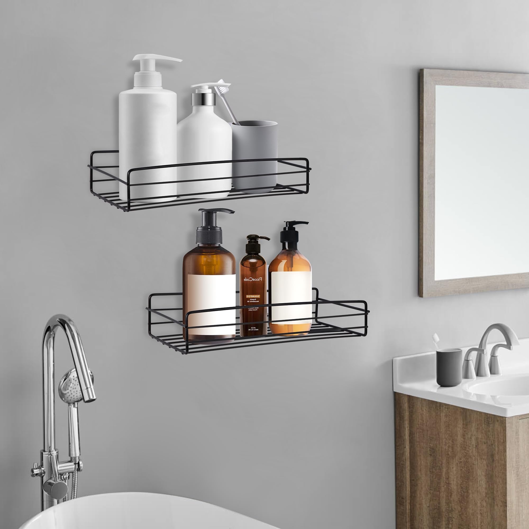 Lot De 2 étagères Murales Sans Perçage En Aluminium – 30 Cm, Noir, Support 9 Kg, Pour Salle De Bain, Cuisine, Salon
