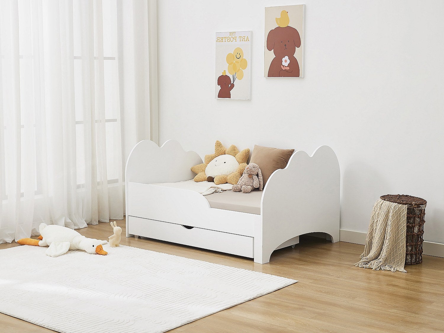 Łóżko rozsuwane 90 x 140/170/200 cm z szufladą – Sosna i MDF – Białe – TEONIA