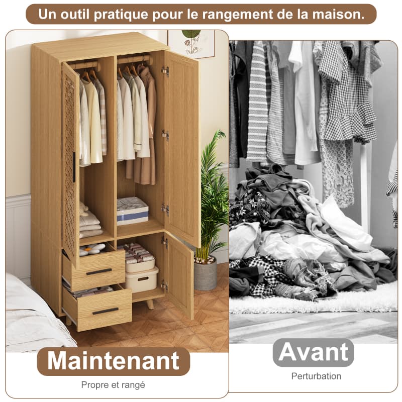 Móvel de arrumação madeira carvalho, portas rattan, 2 gavetas, 1 compartimento, estilo escandinavo, pés madeira, para quarto e sala. - 7