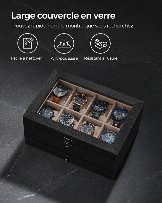 Boîte à Montres 8 Emplacements, Écrin à Montres en Bois, avec Couvercle en Verre, Coussinets pour Montres, Doublure en Velours, Noir Boisé - 7