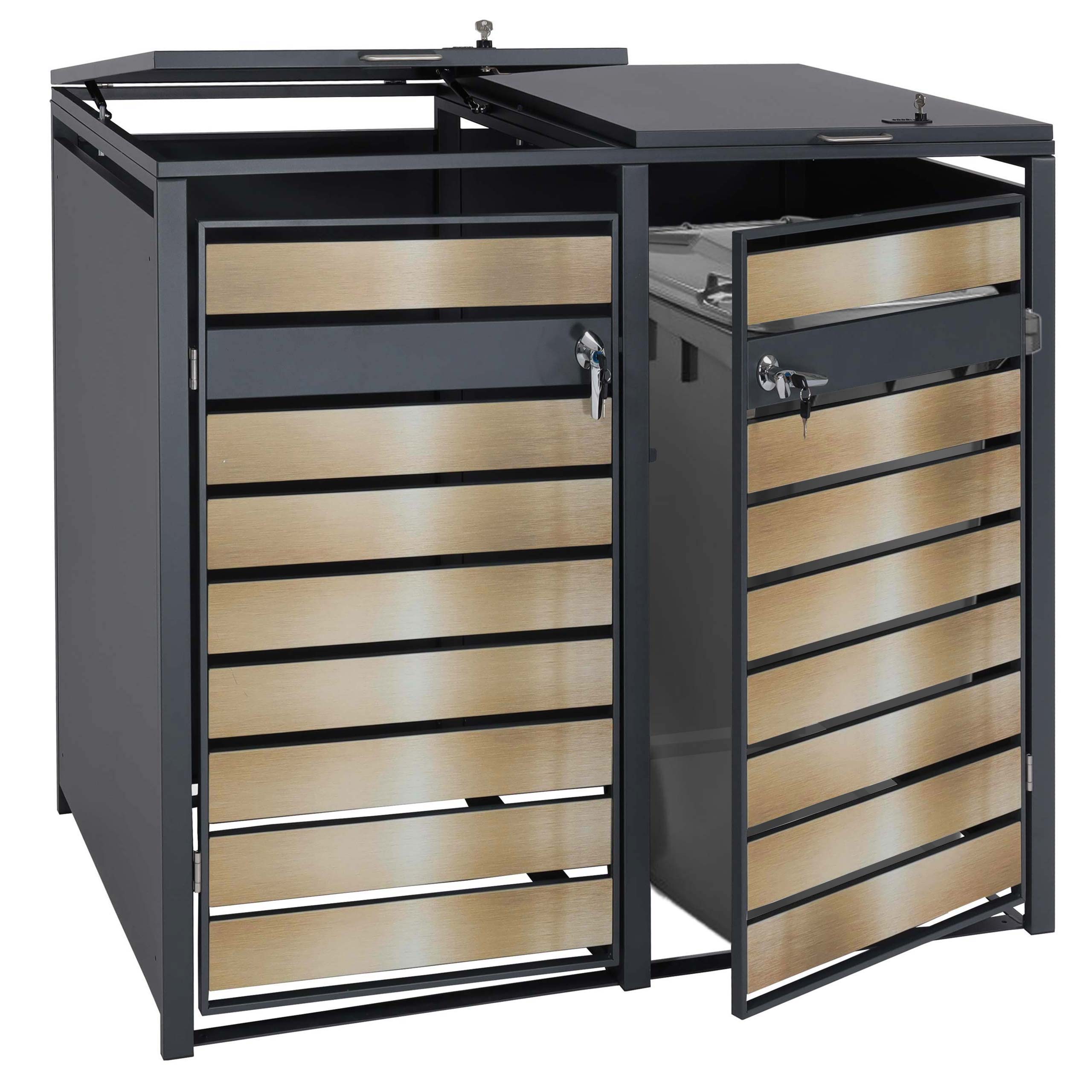 Set 2x copribidoni box spazzatura rifiuti HWC-J81 80x132x117cm acciaio inox antracite gold - 2