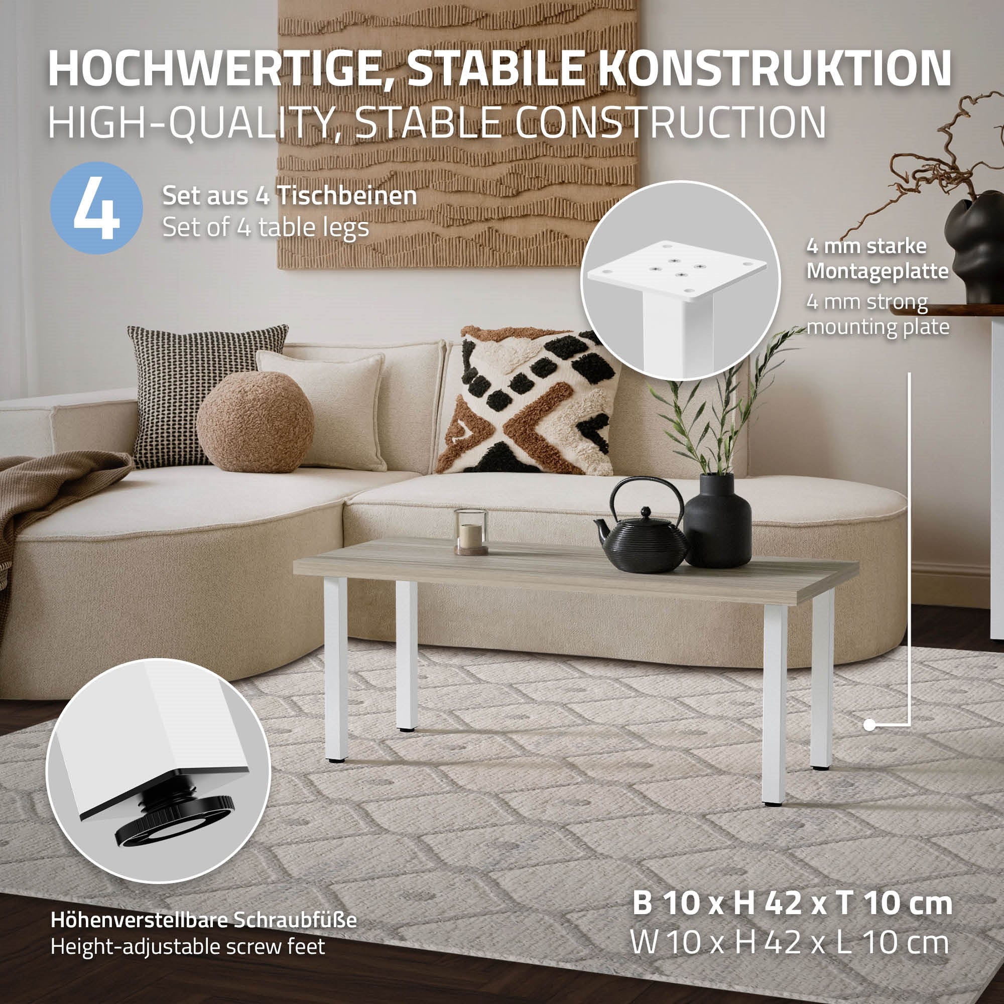 Set 4 Gambe Regolabili Per Mobili In Acciaio | Piedini Rotondi Con Zoccolo Antiscivolo, Altezza Regolabile 20 Mm, Carico 300 Kg, Bianco 25 Cm