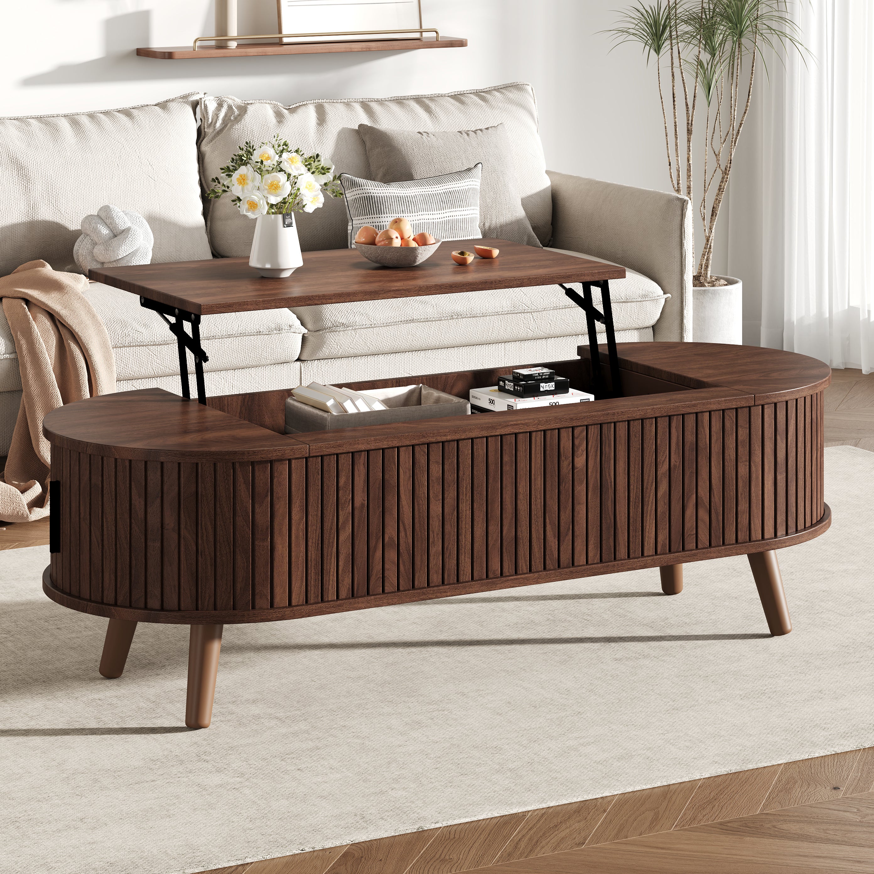 Stolik kawowy z podnoszonym blatem i 4 otwartymi półkami - 120 x 50 x 39,5 cm - MDF - do salonu - orzech - 6