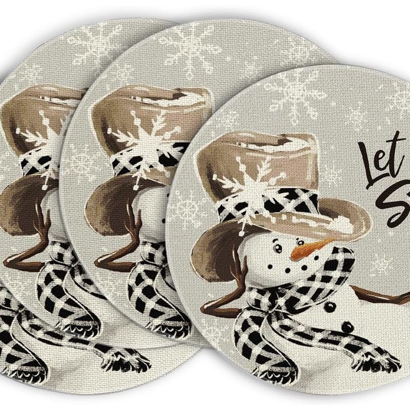 Zestaw 4 okrągłych podkładek, szary, z motywem bałwana, Let It Snow - 38 cm - Zmywalne - Dekoracja do kuchni, na zimę, na Boże Narodzenie, na imprezę