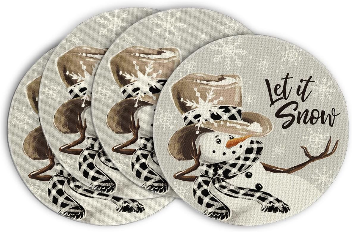 Zestaw 4 okrągłych podkładek, szary, z motywem bałwana, Let It Snow - 38 cm - Zmywalne - Dekoracja do kuchni, na zimę, na Boże Narodzenie, na imprezę