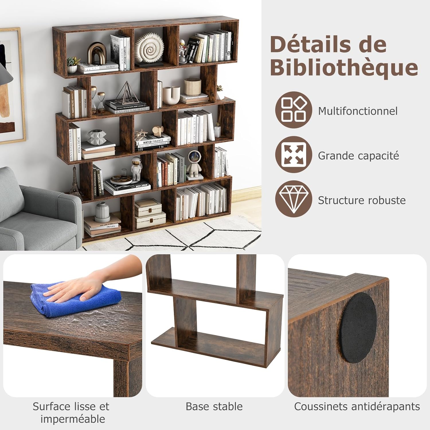 Estantería, estante de almacenamiento en forma de S, estilo industrial, mueble de almacenamiento de madera versátil para salón y oficina (5 estantes, - 6