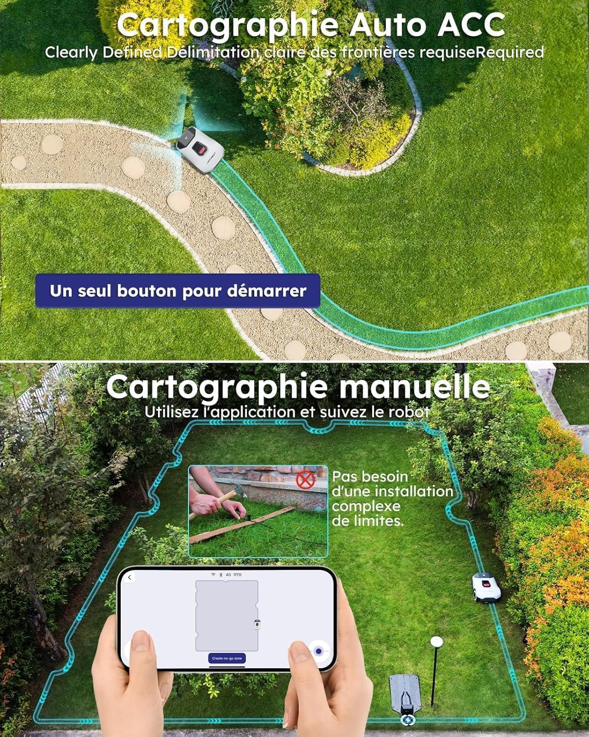 Tondeuse Robot sans Fil Périphérique,pour Pelouses Jusqu’à 1500m², RTK Full Band+Vision IA 4 Yeux,Cartographie Automatique,20 Zones,ANTHBOT Genie 800 - 3
