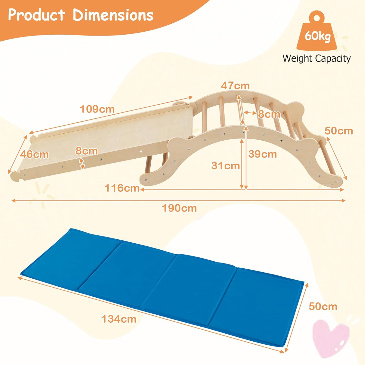 4 en 1 Arche d’Escalade Montessori Enfant Bois avec Toboggan Ajustable en Bois, avec Coussin Charge 60KG pour Bébé 1 an+ (Naturel Plus) - 4