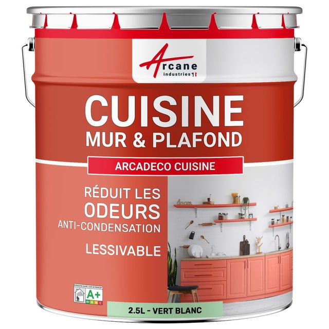 Peinture cuisine mur et plafond lessivable, anti odeur & anti condensation : Arcadéco Cuisine Vert Blanc - RAL 6019 - 2.5 L - ARCANE INDUSTRIES