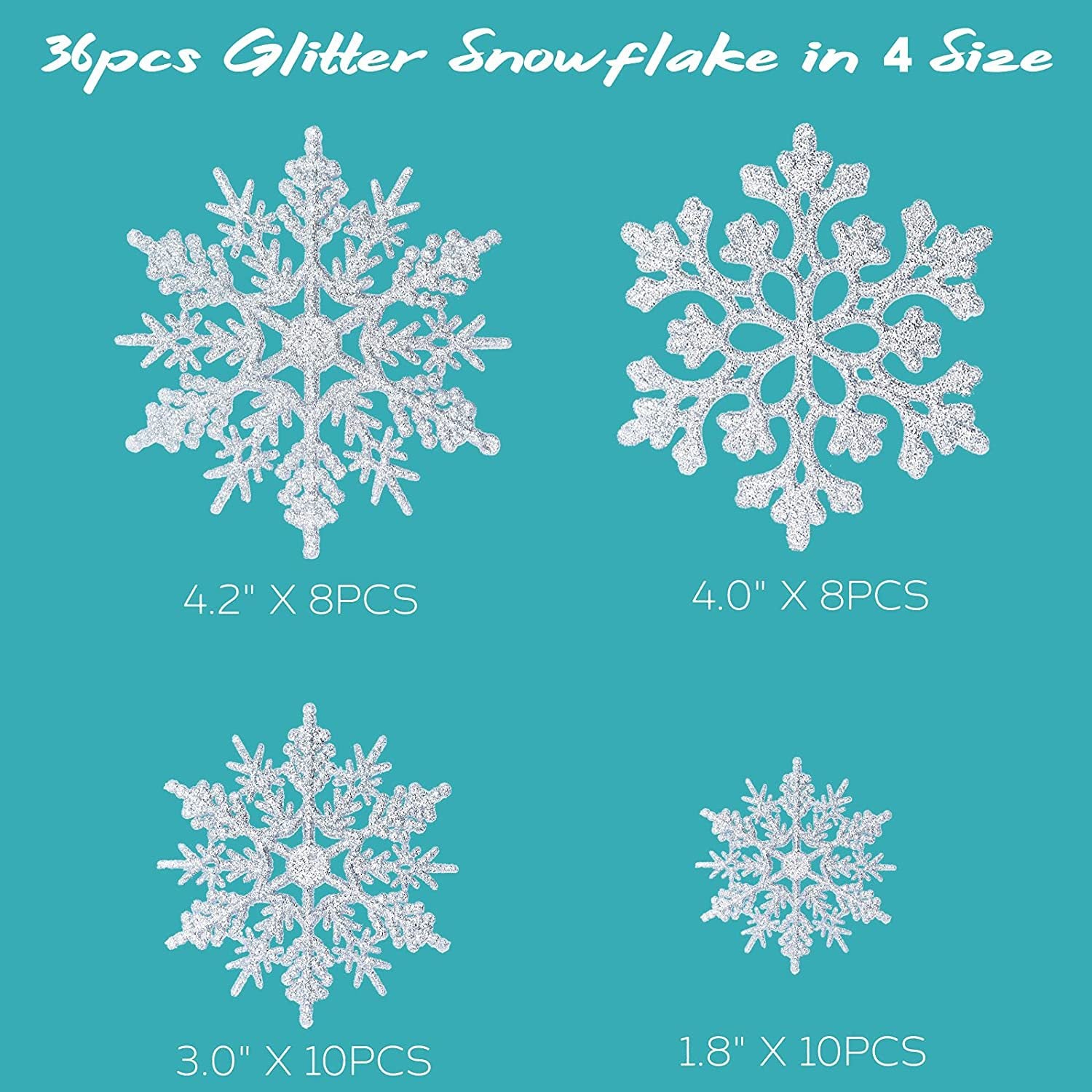 Ornements de flocon de neige de noël en argent, 36 pièces, ornements de flocons de neige à paillettes pour décorations d'arbre de noël - 4