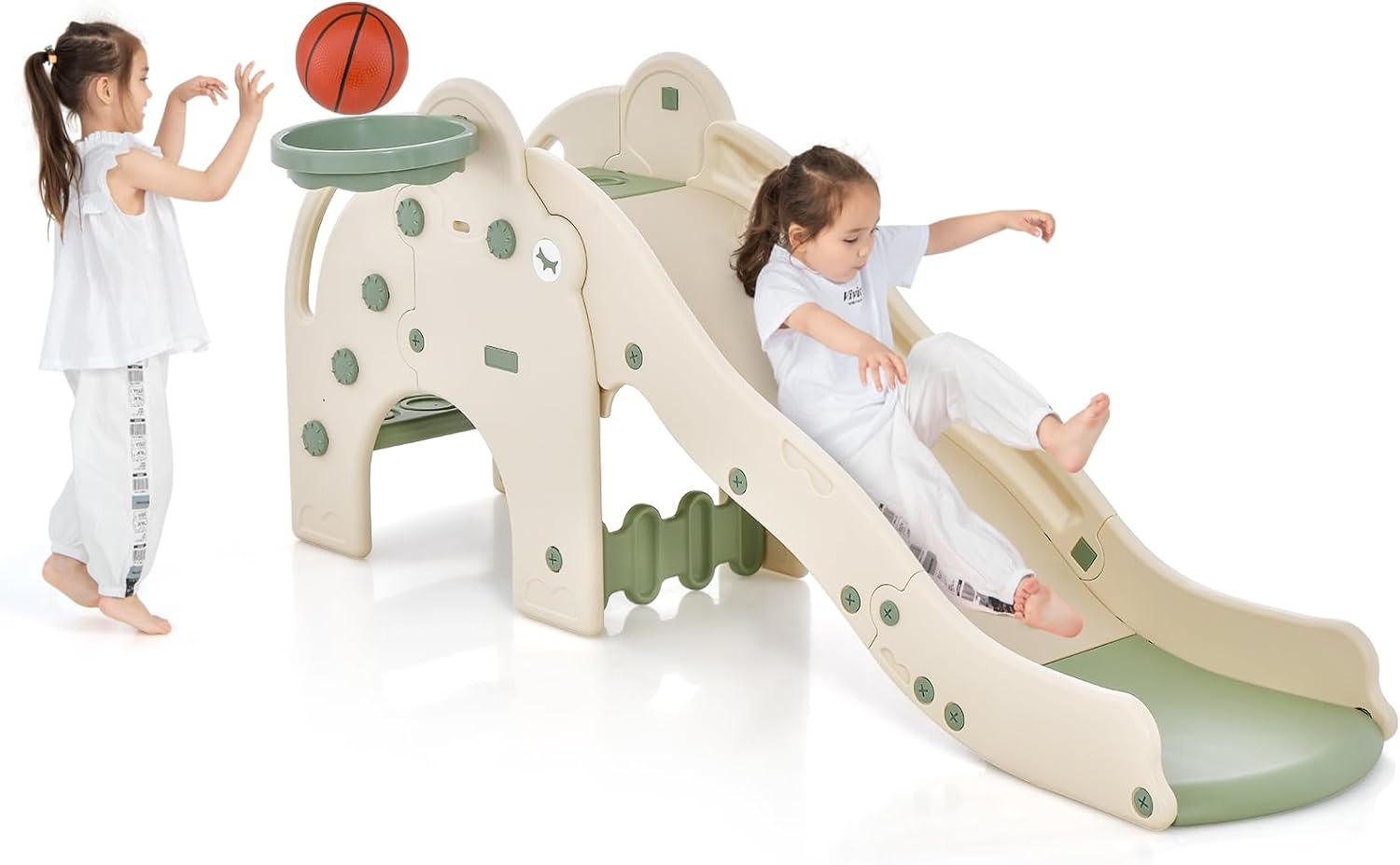 GOPLUS Tobogán 4 En 1 Con Forma De Elefante - Verde, Con Cesta De Baloncesto, Túnel Y Pelota | Para Niños 1.5-4 Años