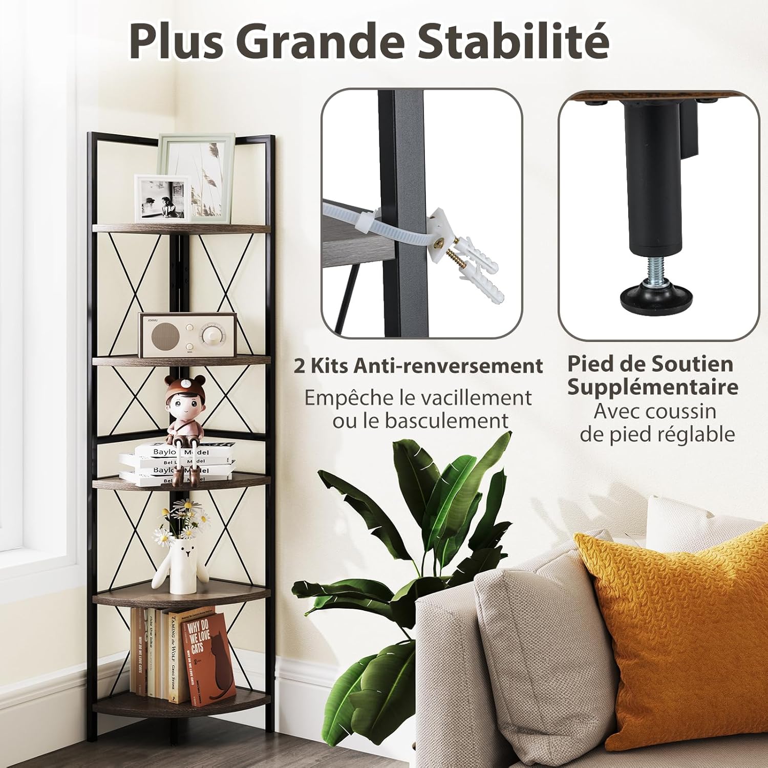 Scaffale Angolare, Libreria Industriale Angolare a 5 Ripiani con Struttura in Metallo, per Soggiorno Ufficio Cucina Spazi Piccoli, 35,5x35,5x1 - 7