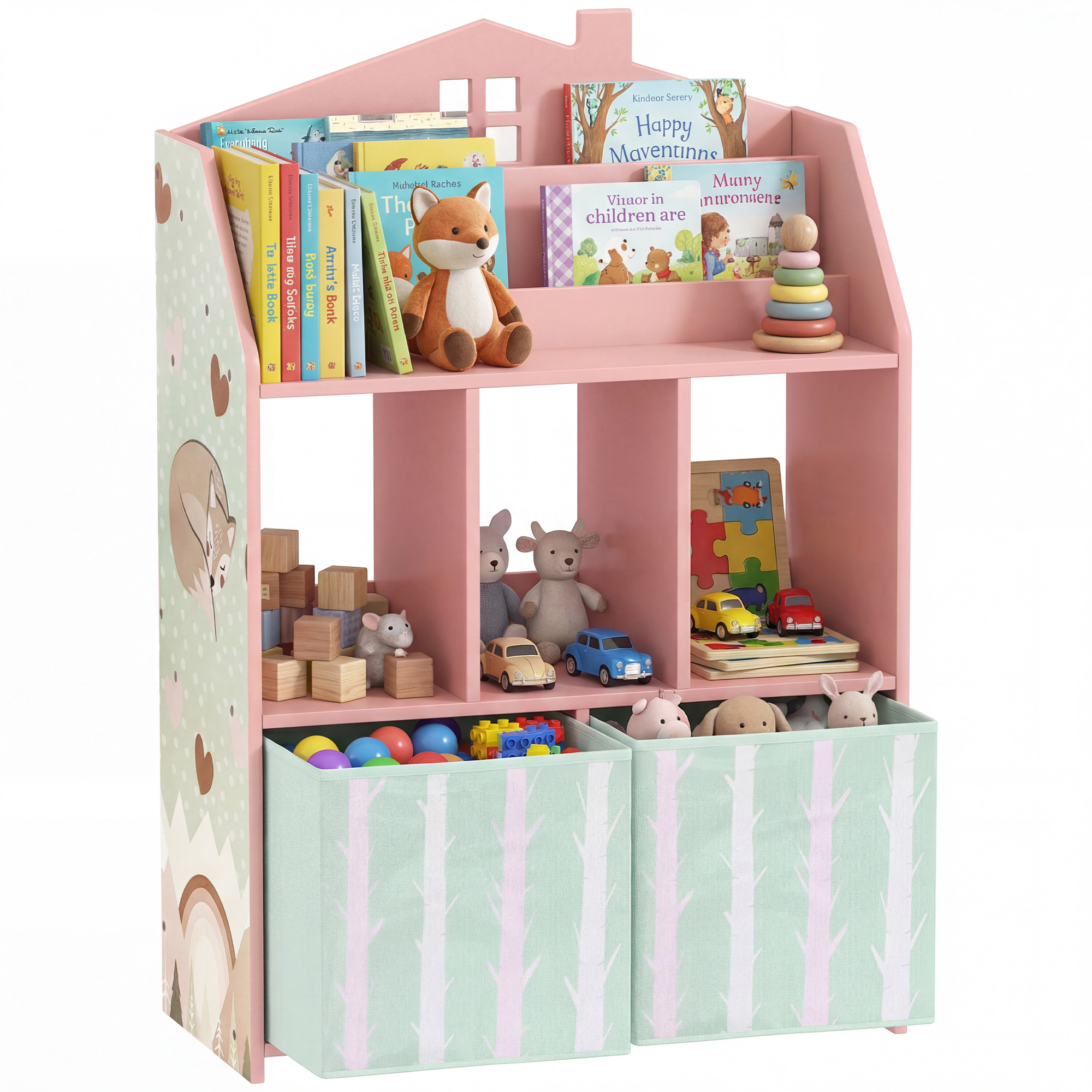 Półka dziecięca z 2 materiałowymi szufladami, otwarta półka dla dzieci w wieku 3-8 lat, 62,5 x 30 x 91,5 cm, różowa