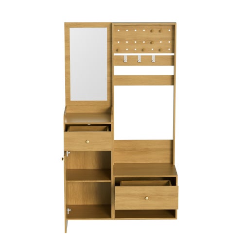 Armoire compacte, étagère d'entrée multifonctionnelle et moderne – élégant meuble de rangement couleur bois avec miroir, crochets, 105 cm - 7