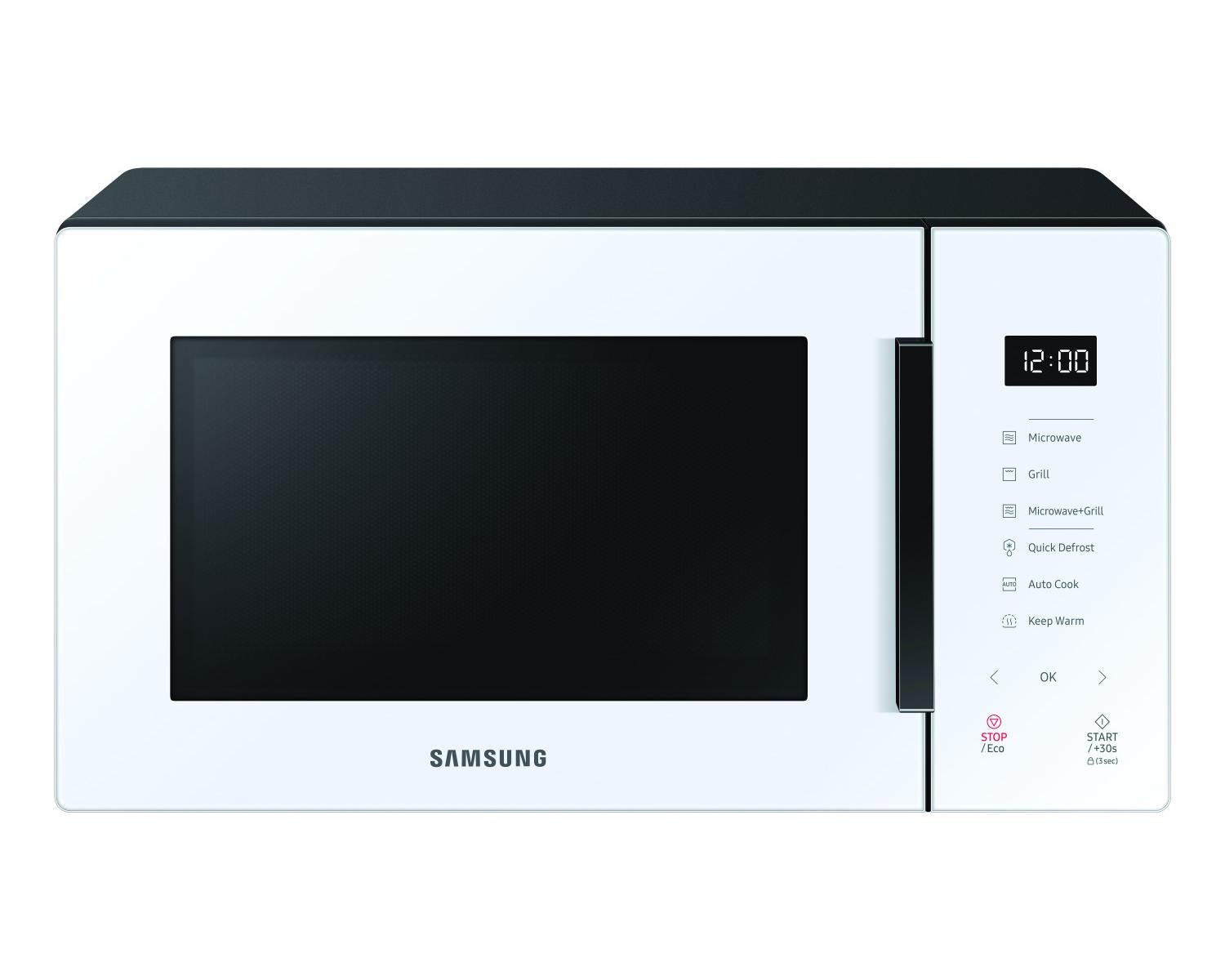 Samsung Forno a Microonde Glass Design MG23T5018AW/ET, Cottura Croccante, HomeDessert, Microonde + Grill 800 W + 1100 W, 23 L, 49l x 27,5h x 38p cm, N
