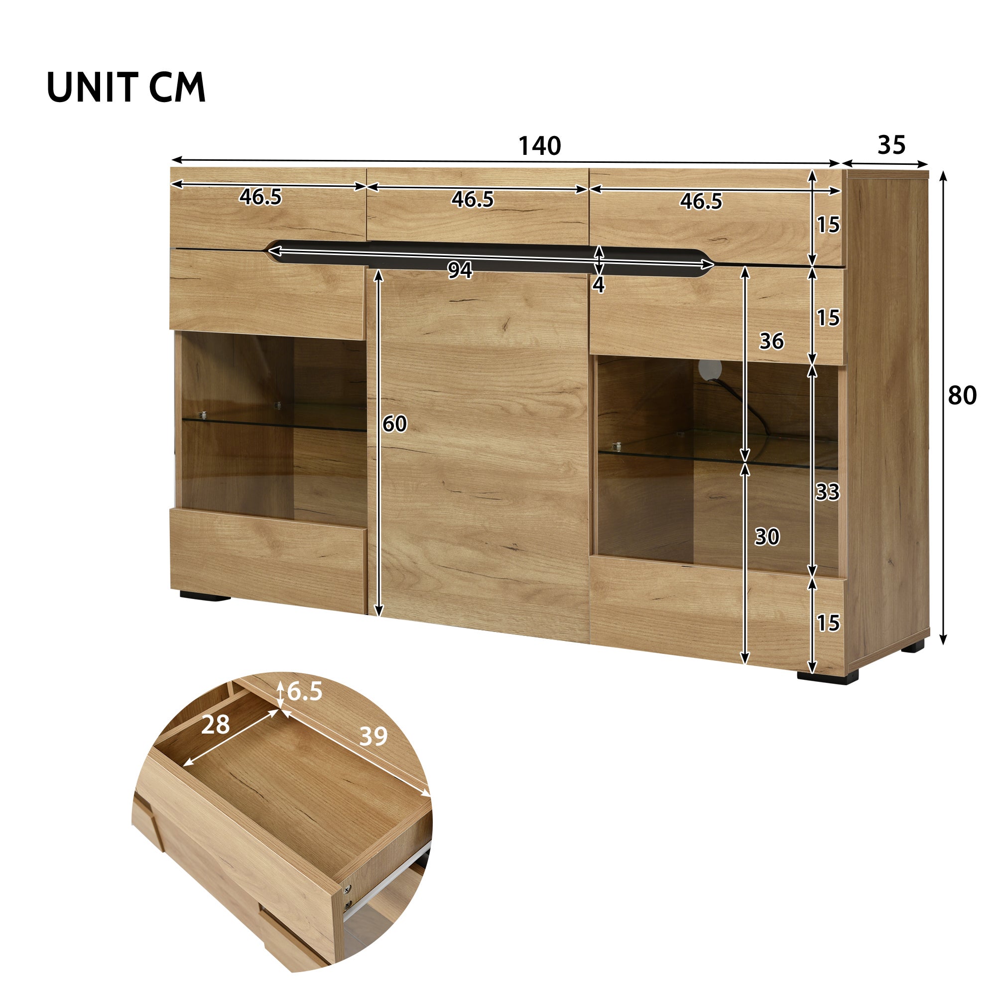 Aparador bajo con LED - 3 puertas y 3 cajones - Natural - 6
