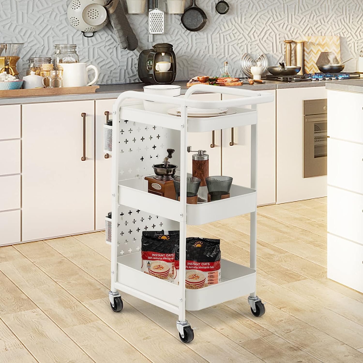 Carrello Multiuso A 3 Livelli In Metallo Bianco Con Ruote, Carrello Portaoggetti Per Cucina, Ufficio, Bagno, 4 Ruote Di Cui 2 Bloccabili