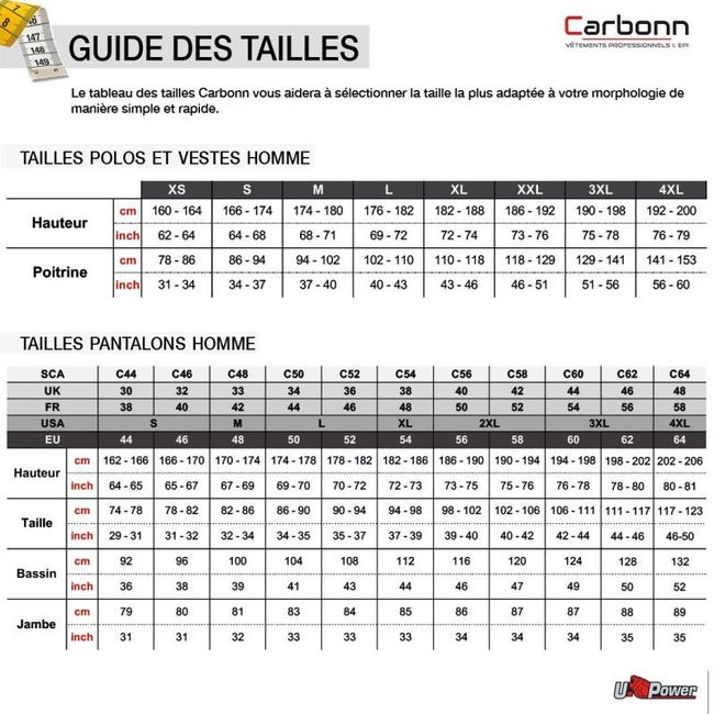 Guide Taille Pantalon Travail Homme U-Power Pantalon De Travail