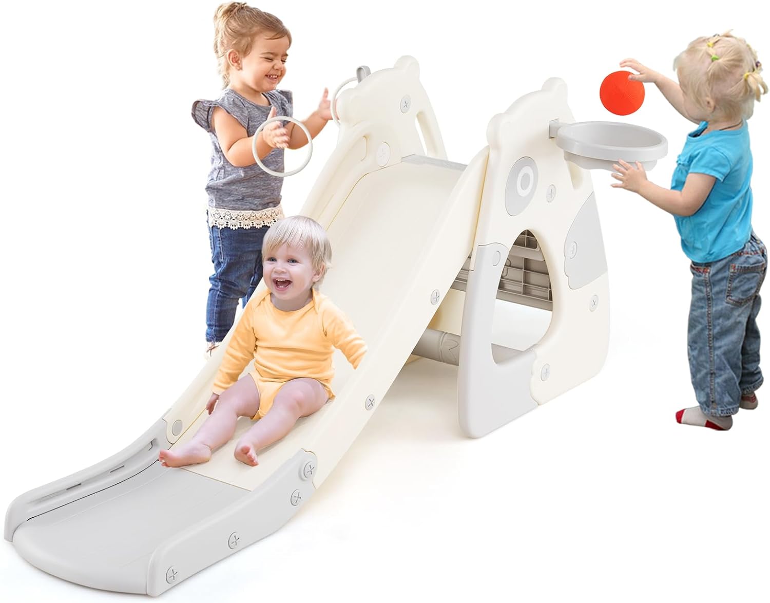 4 w 1 Składana Zjeżdżalnia dla Dzieci w Pomieszczeniach, z Koszem do Koszykówki, Piłką do Koszykówki i Pompą Powietrza z HDPE, 148 × 71 × 67 cm