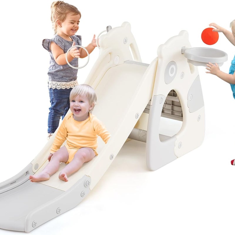 4 w 1 Składana Zjeżdżalnia dla Dzieci w Pomieszczeniach, z Koszem do Koszykówki, Piłką do Koszykówki i Pompą Powietrza z HDPE, 148 × 71 × 67 cm