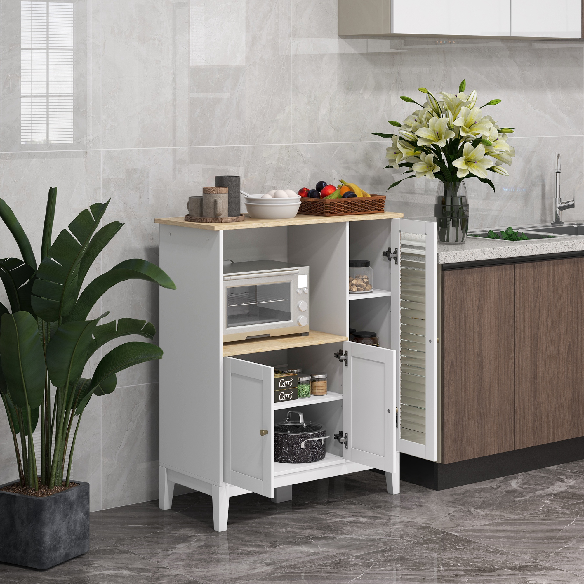 HOMCOM Mobile Microonde con Armadietto Inferiore e 3 Ripiani Laterali con Anta in Vetro, in Legno, 80x35x97 cm, Bianco - 2