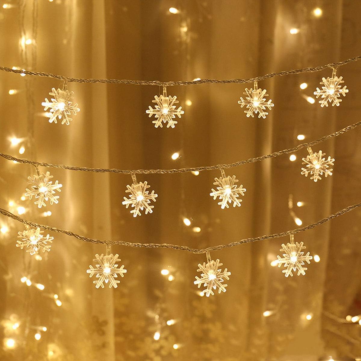 Ciepłe, białe diody LED, płatki śniegu, wodoodporne, 6 m (20 stóp), 40 diod LED, zasilane bateriami, do sypialni, przedpokoju, na patio, do ogrodu, n