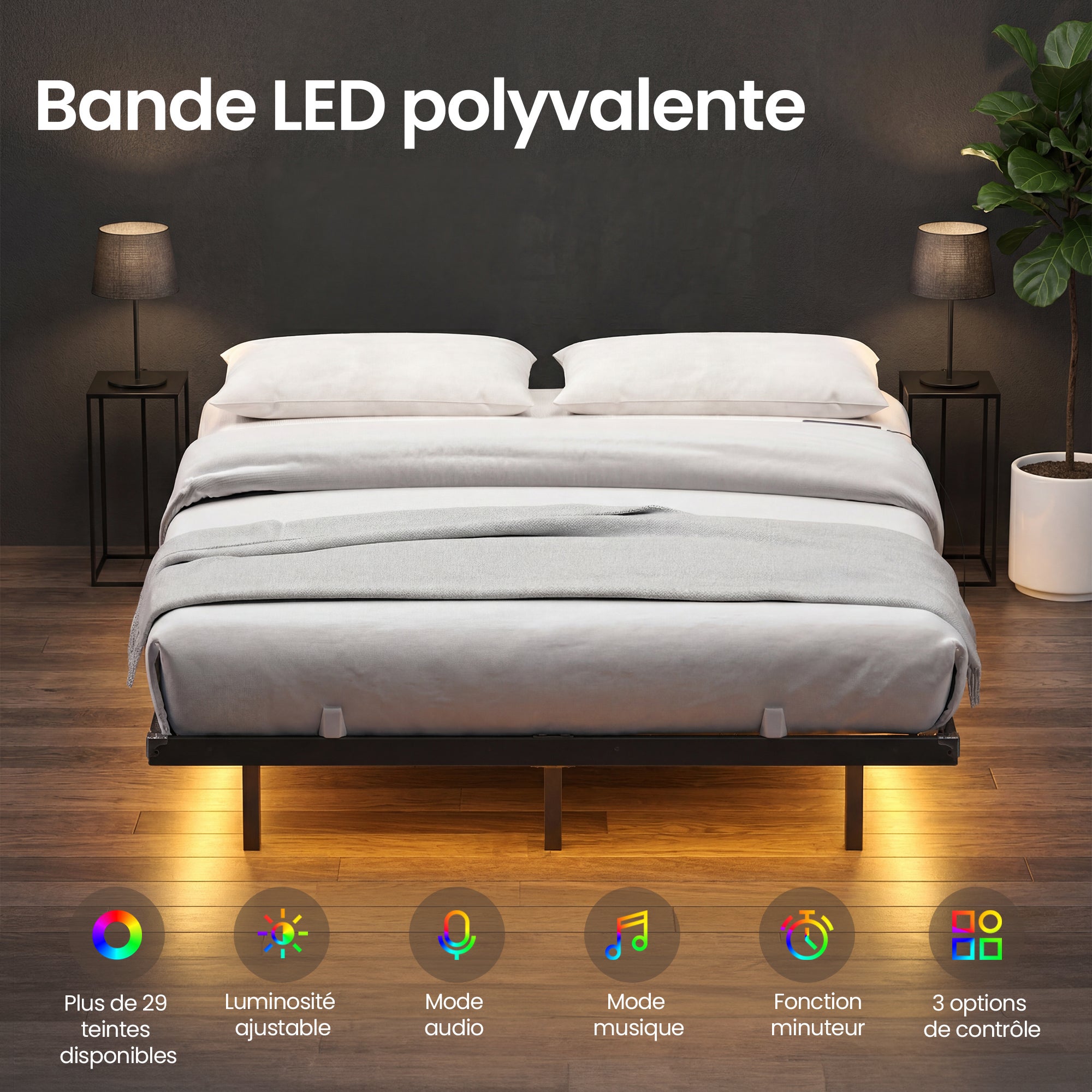 Lit Flottant 140 x 190 cm avec LED, Ports USB et Prises CA, pour Chambre, Capacité 500 kg, Noir - 7
