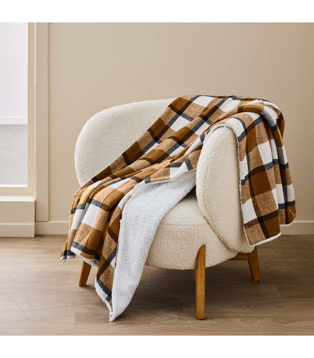 Plaid 125 x 150 cm – Tartan & Sherpa – Motif Écossais - 125x150cm - Camel