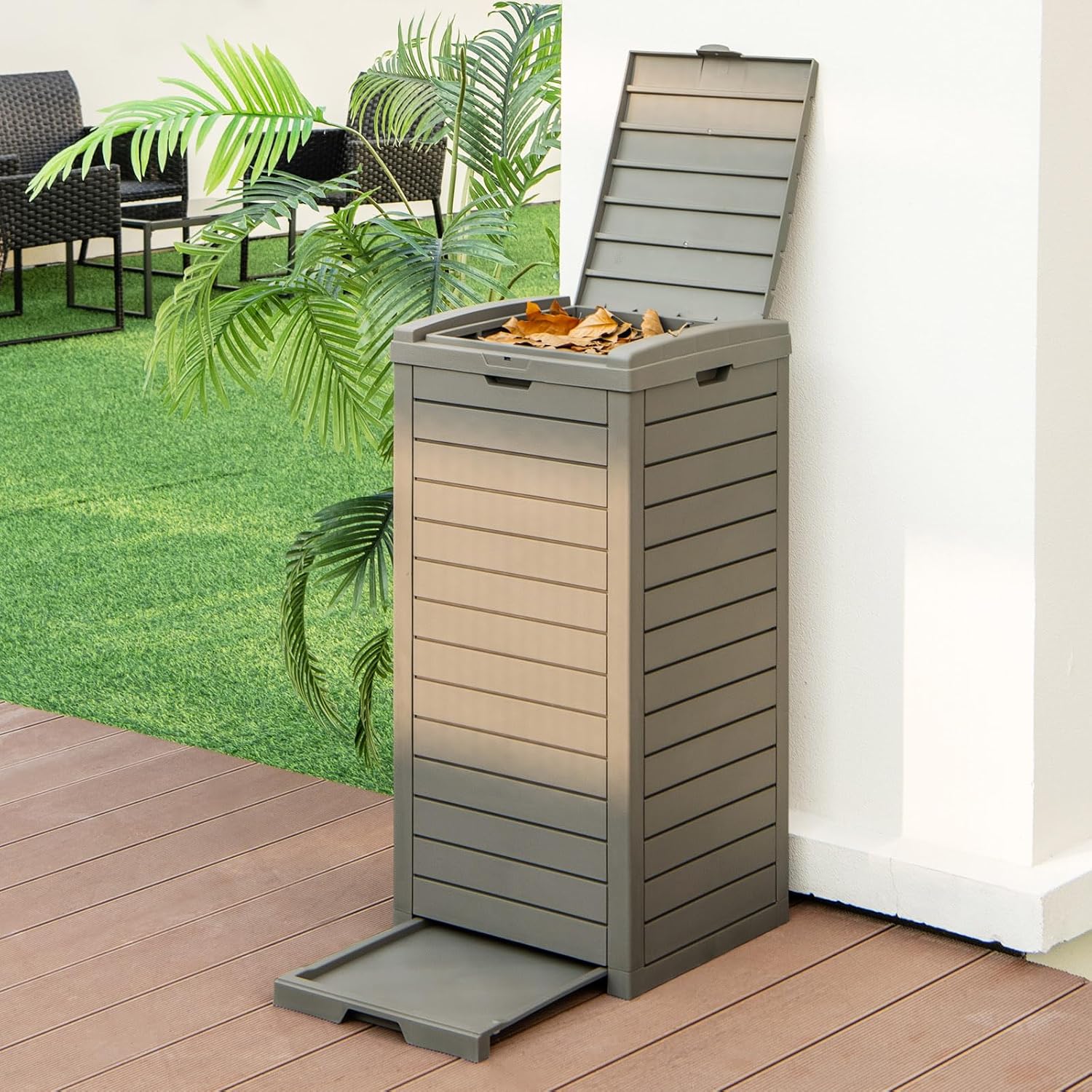 Cubo de basura para exterior (118l, impermeable, con tapa abatible y bandeja de goteo extraíble, papelera de jardín portátil (marrón)