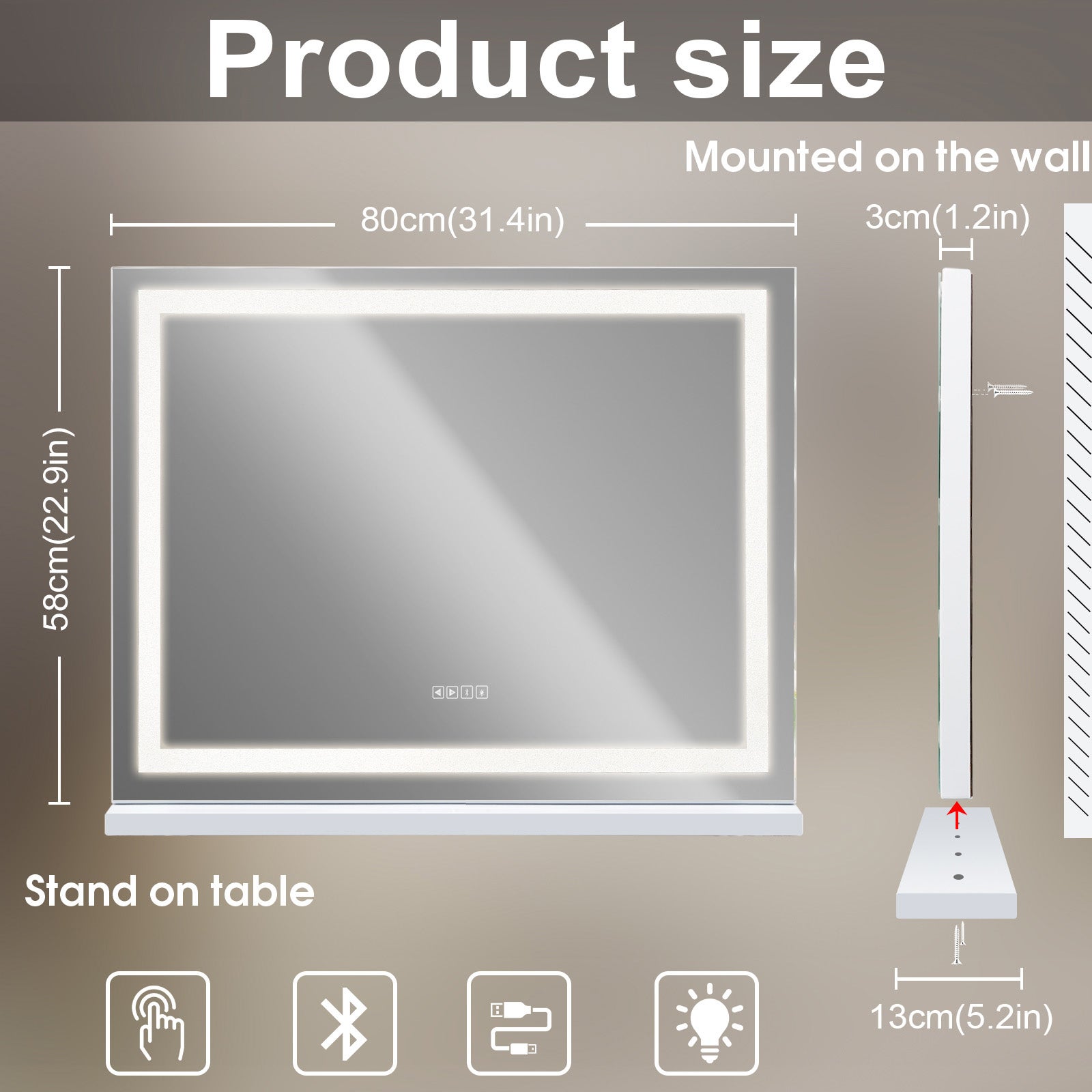 Miroir de maquillage Hollywood lumineux LED coiffeuse mural - 80 x 58 cm - Bande LED style cristal - Enceinte Bluetooth - 8