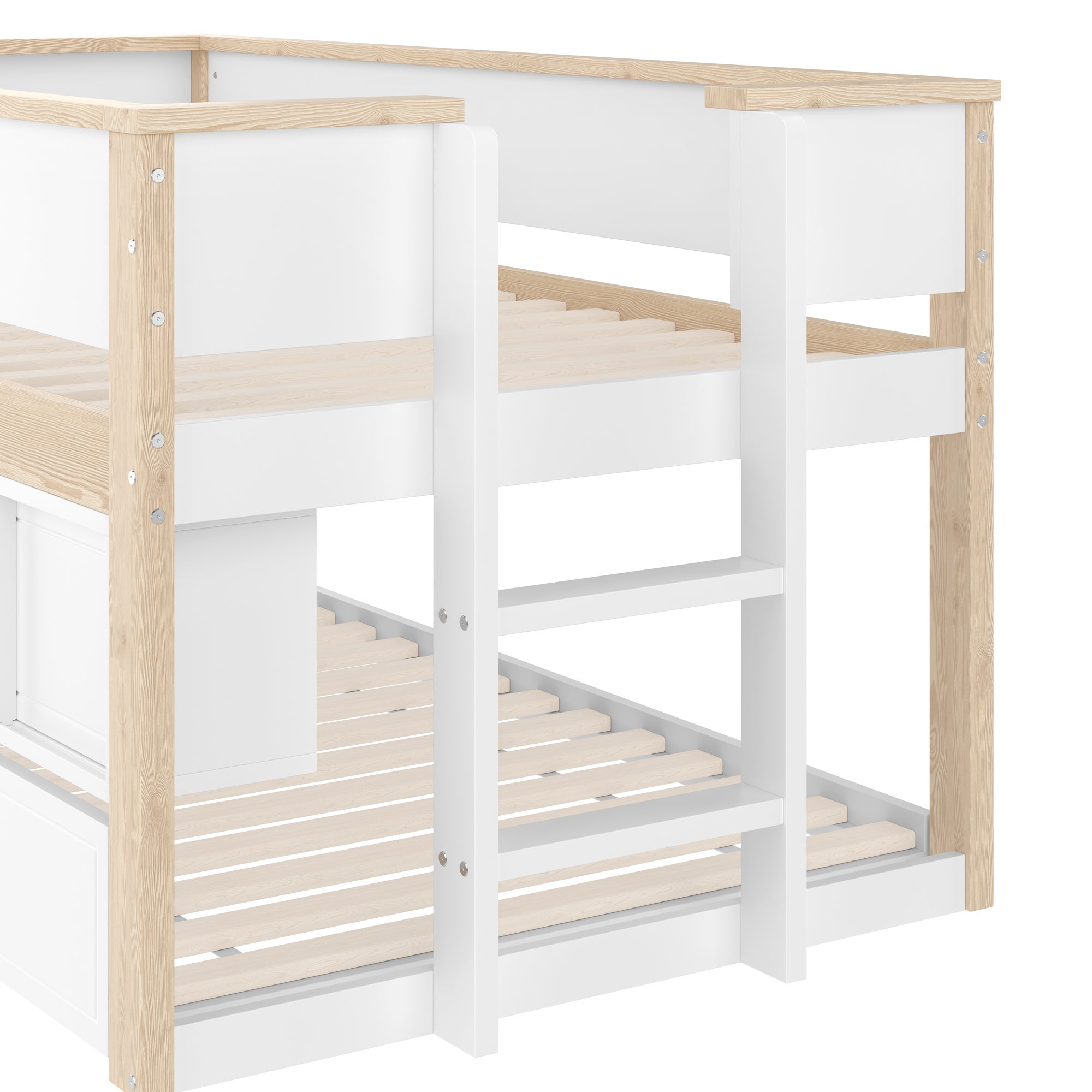 Letto estraibile 90x200 cm con cassetti scorrevoli e spazi aperti, pino bianco e naturale, senza materasso - 9